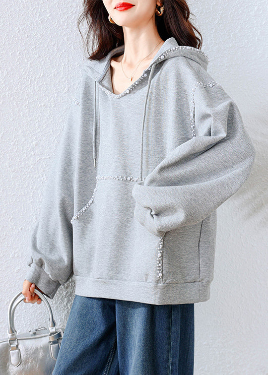Grey Hooded Nail Bead Cotton Sweatshirts Tracksuits