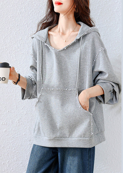 Grey Hooded Nail Bead Cotton Sweatshirts Tracksuits