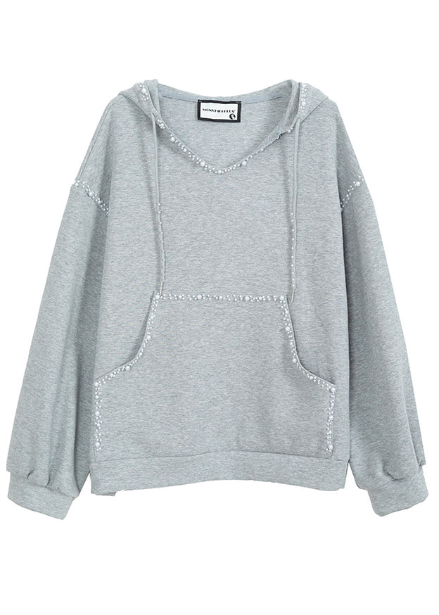 Grey Hooded Nail Bead Cotton Sweatshirts Tracksuits