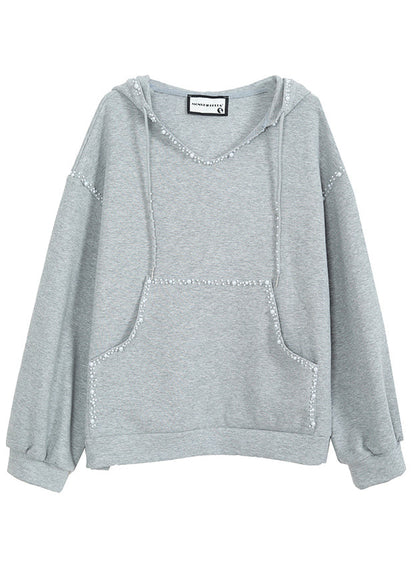 Grey Hooded Nail Bead Cotton Sweatshirts Tracksuits