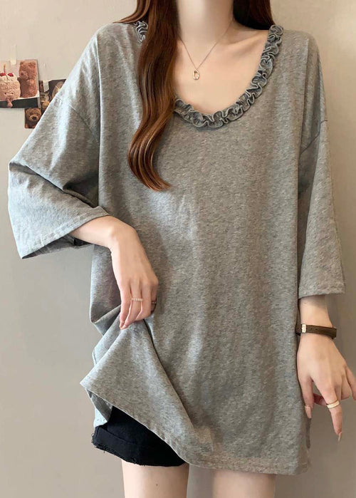 Grey Ruffled Cotton Long Tops Bracelet Sleeve