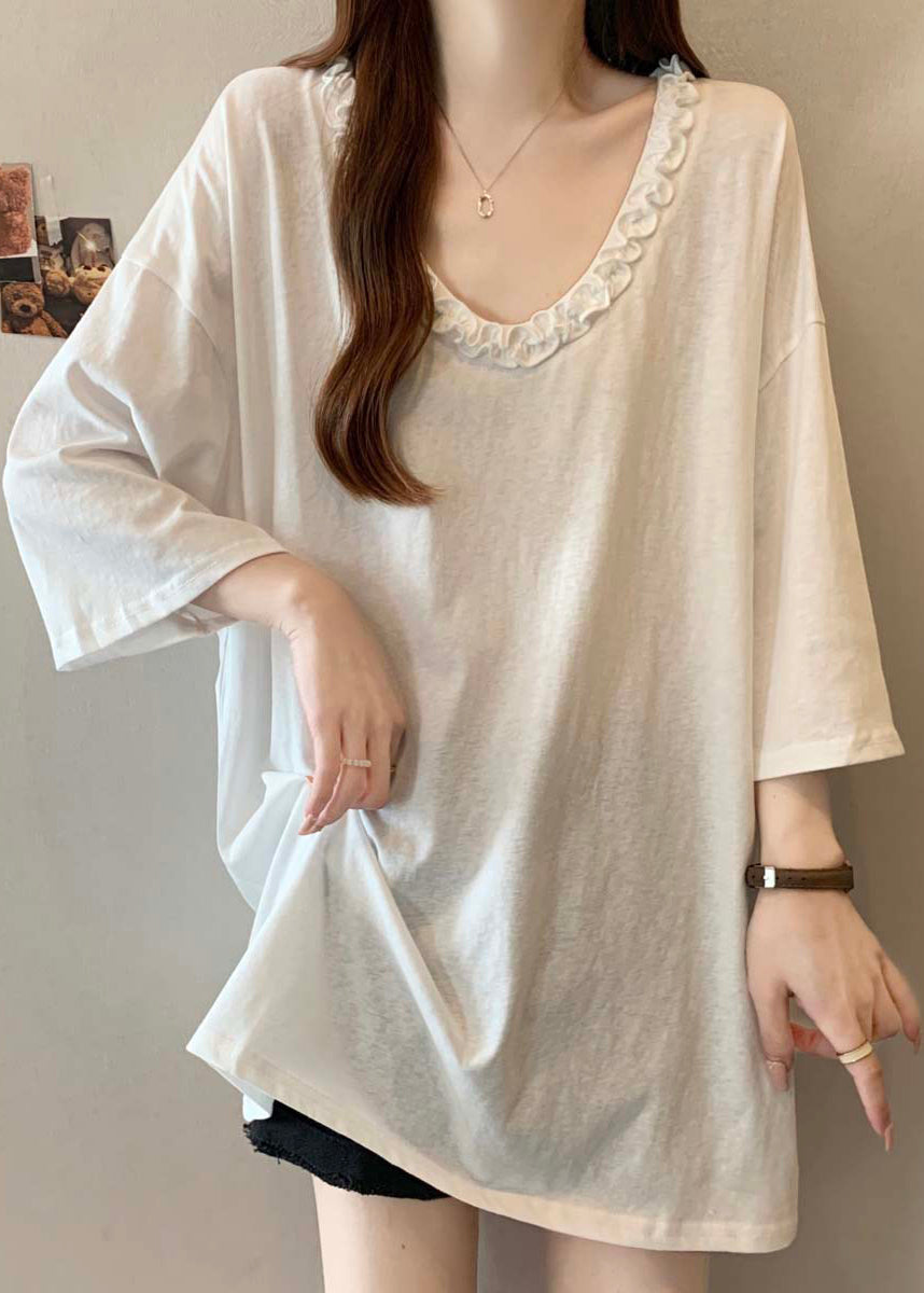 Grey Ruffled Cotton Long Tops Bracelet Sleeve