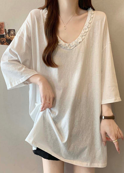 Grey Ruffled Cotton Long Tops Bracelet Sleeve
