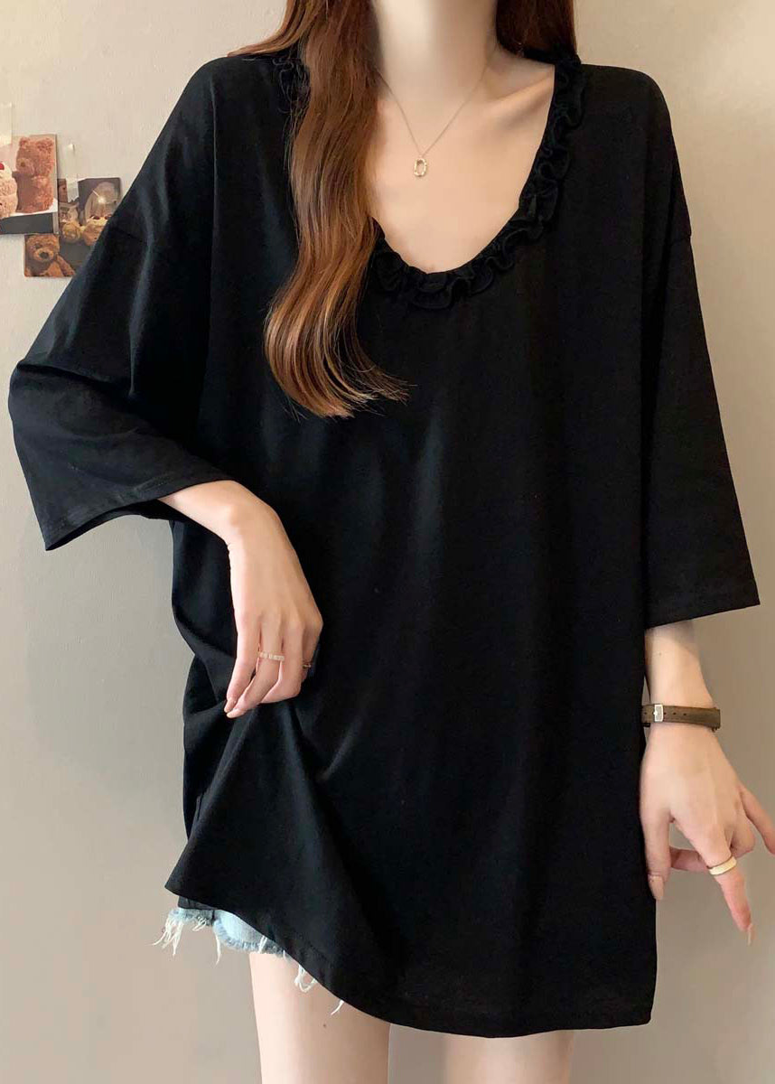 Grey Ruffled Cotton Long Tops Bracelet Sleeve