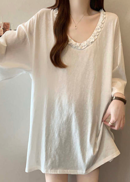 Grey Ruffled Cotton Long Tops Bracelet Sleeve