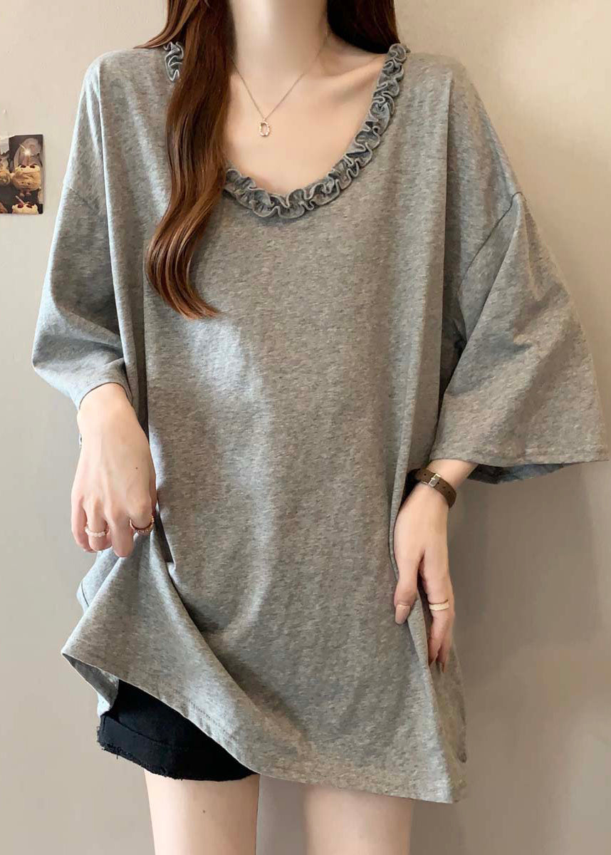 Grey Ruffled Cotton Long Tops Bracelet Sleeve