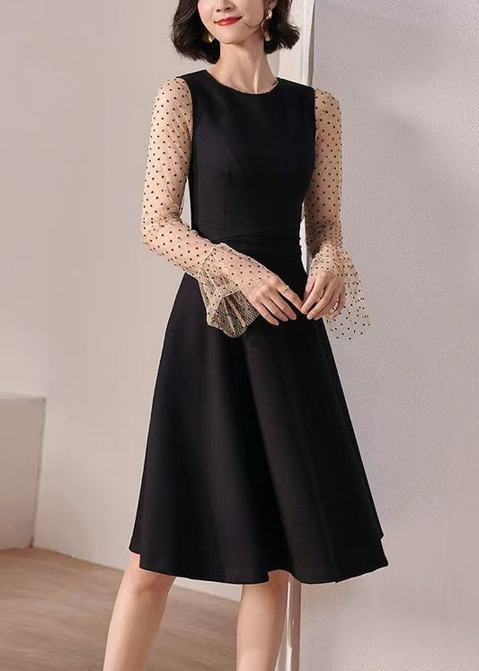 Slim Fit Black Dot High Waist Patchwork Cotton Two-Piece Set Flare Sleeve