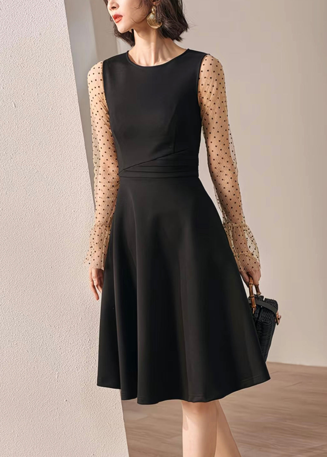 Slim Fit Black Dot High Waist Patchwork Cotton Two-Piece Set Flare Sleeve