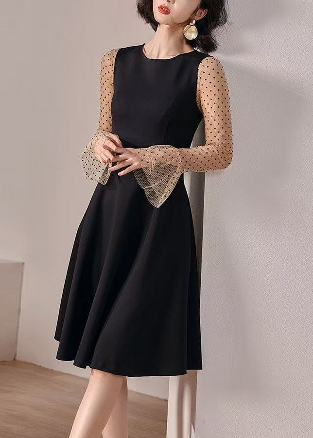 Slim Fit Black Dot High Waist Patchwork Cotton Two-Piece Set Flare Sleeve