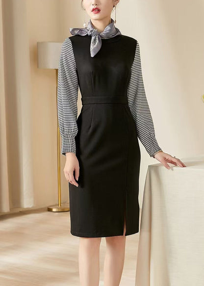 Slim Fit Black Plaid Side Open Patchwork Cotton Dresses