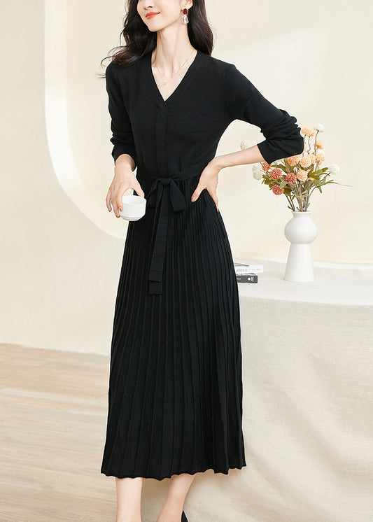 Slim Fit Black V-Neck Wrinkled Tie Waist Knit Long Dress