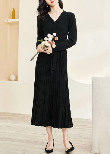 Slim Fit Black V-Neck Wrinkled Tie Waist Knit Long Dress