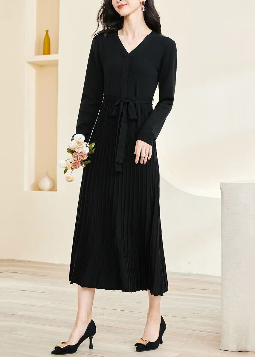 Slim Fit Black V-Neck Wrinkled Tie Waist Knit Long Dress
