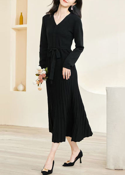 Slim Fit Black V-Neck Wrinkled Tie Waist Knit Long Dress