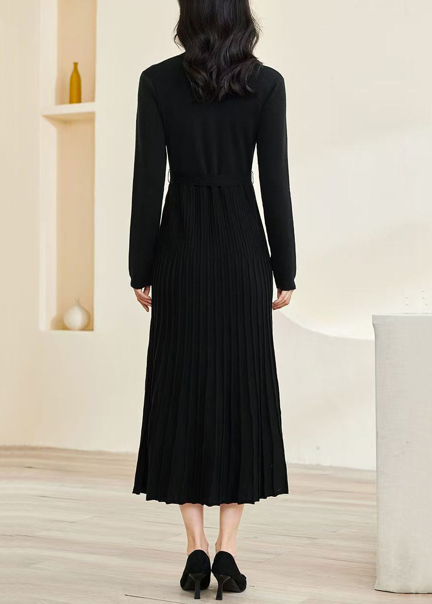 Slim Fit Black V-Neck Wrinkled Tie Waist Knit Long Dress