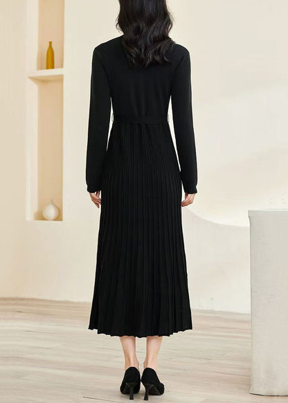 Slim Fit Black V-Neck Wrinkled Tie Waist Knit Long Dress