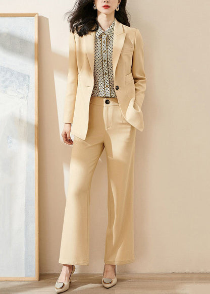 Slim Fit Light Yellow Notched Coat And Pants Spandex Two-Piece Set