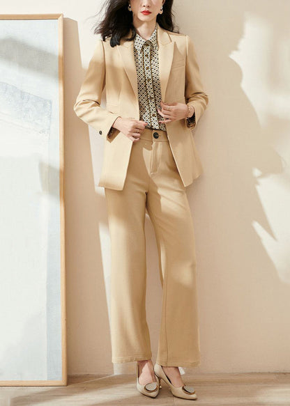Slim Fit Light Yellow Notched Coat And Pants Spandex Two-Piece Set