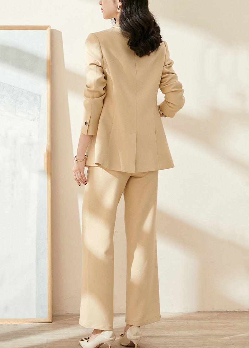 Slim Fit Light Yellow Notched Coat And Pants Spandex Two-Piece Set