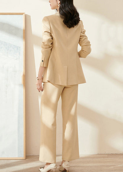 Slim Fit Light Yellow Notched Coat And Pants Spandex Two-Piece Set