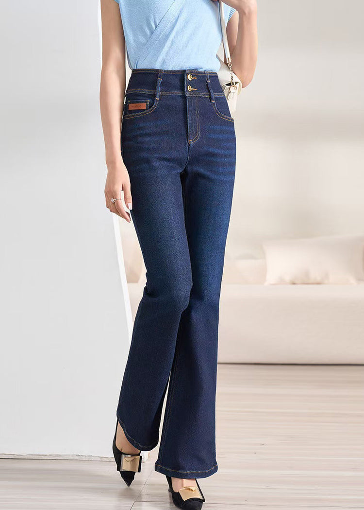 Slim Fit Navy Button High Waist Denim Flare Bottoms