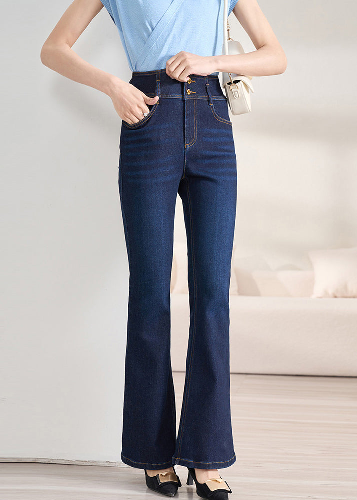 Slim Fit Navy Button High Waist Denim Flare Bottoms