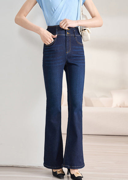 Slim Fit Navy Button High Waist Denim Flare Bottoms