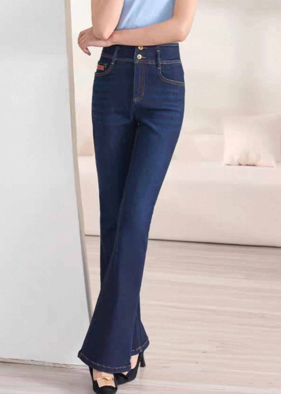 Slim Fit Navy Button High Waist Denim Flare Bottoms