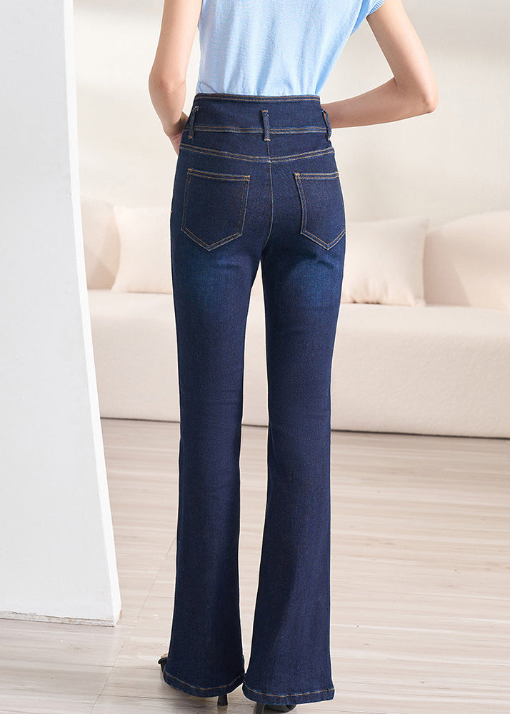 Slim Fit Navy Button High Waist Denim Flare Bottoms