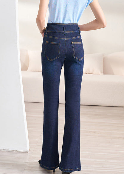 Slim Fit Navy Button High Waist Denim Flare Bottoms