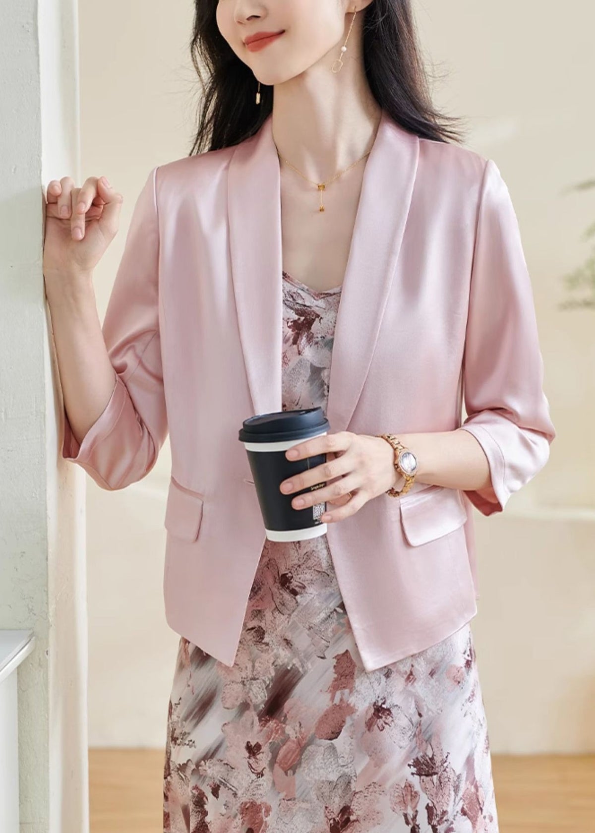 Slim Fit Pink Button Solid Silk Coats Bracelet Sleeve