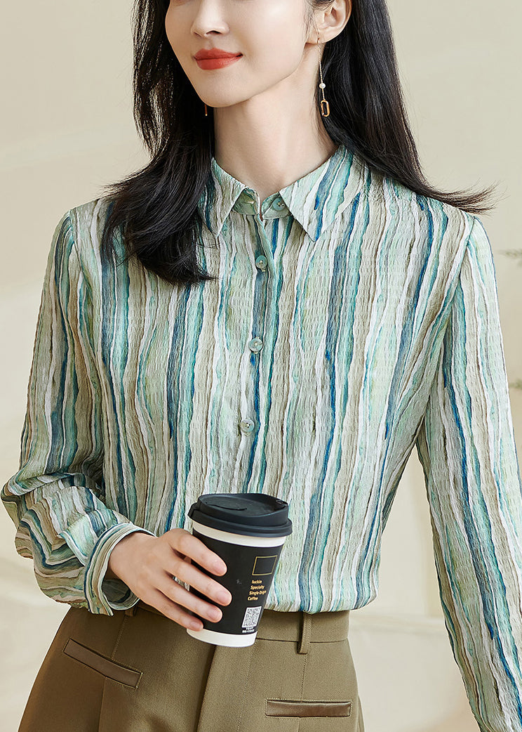 Striped Green Peter Pan Collar Button Cotton Blouses