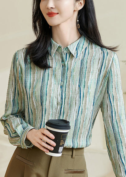 Striped Green Peter Pan Collar Button Cotton Blouses
