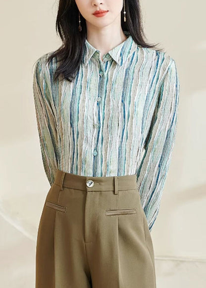 Striped Green Peter Pan Collar Button Cotton Blouses