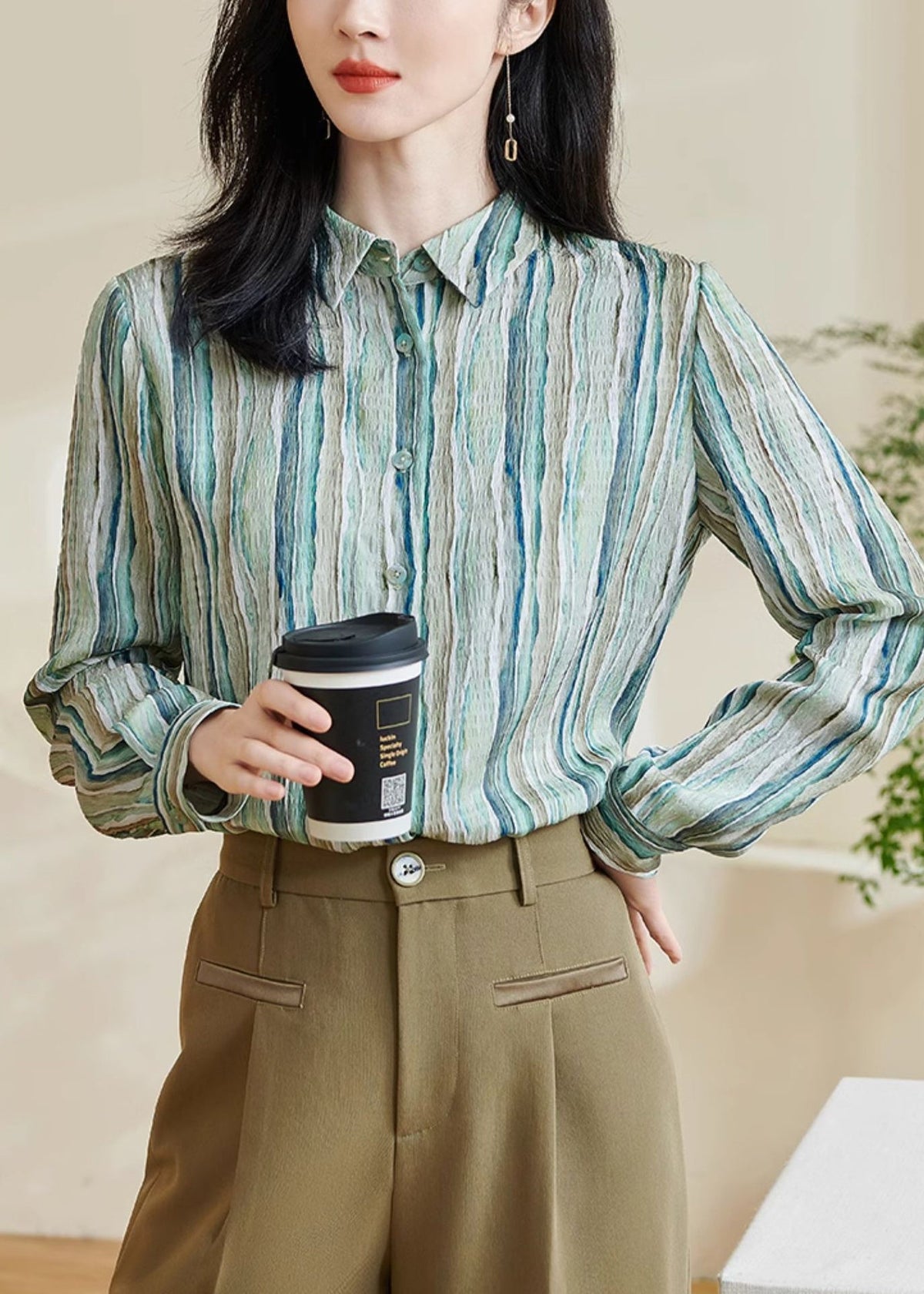 Striped Green Peter Pan Collar Button Cotton Blouses