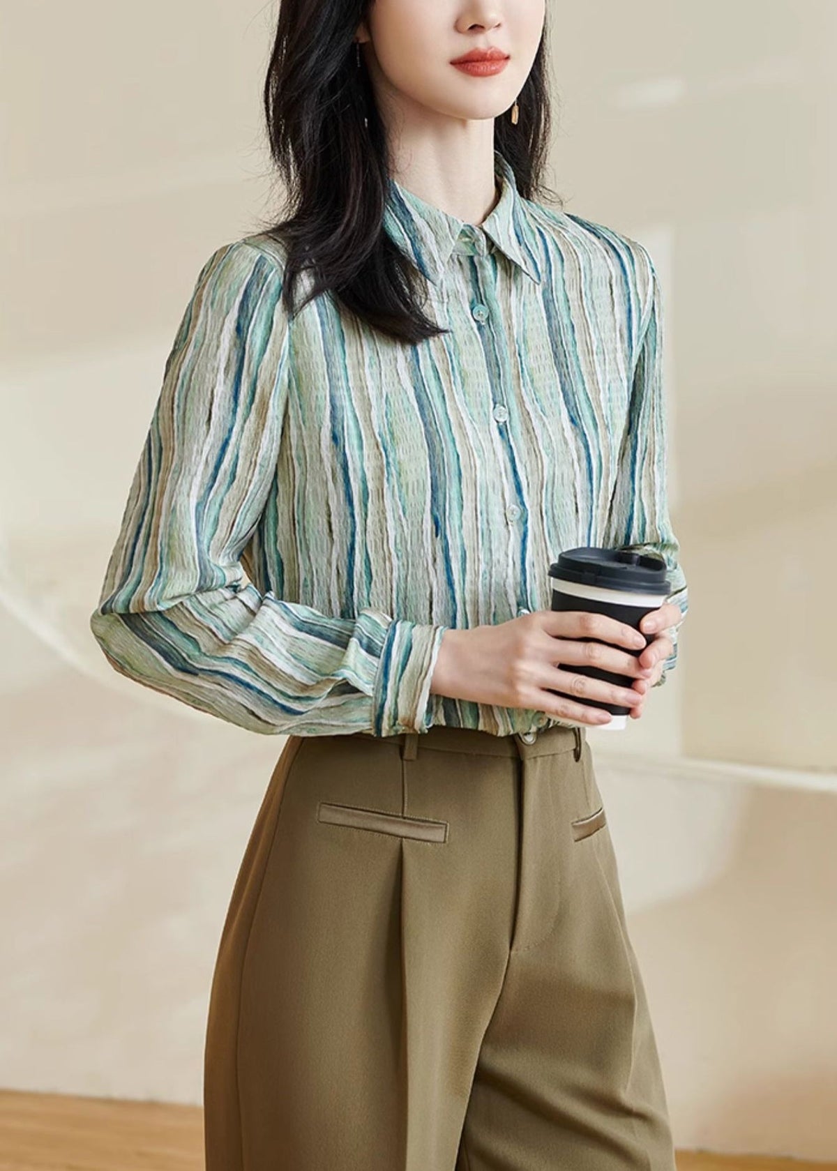 Striped Green Peter Pan Collar Button Cotton Blouses