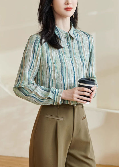Striped Green Peter Pan Collar Button Cotton Blouses