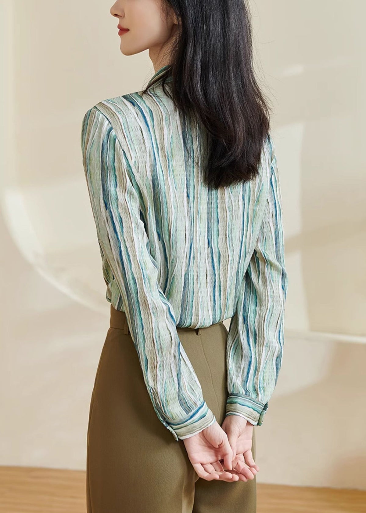 Striped Green Peter Pan Collar Button Cotton Blouses