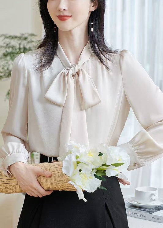 Stylish Apricot Bow Solid Silk Shirts