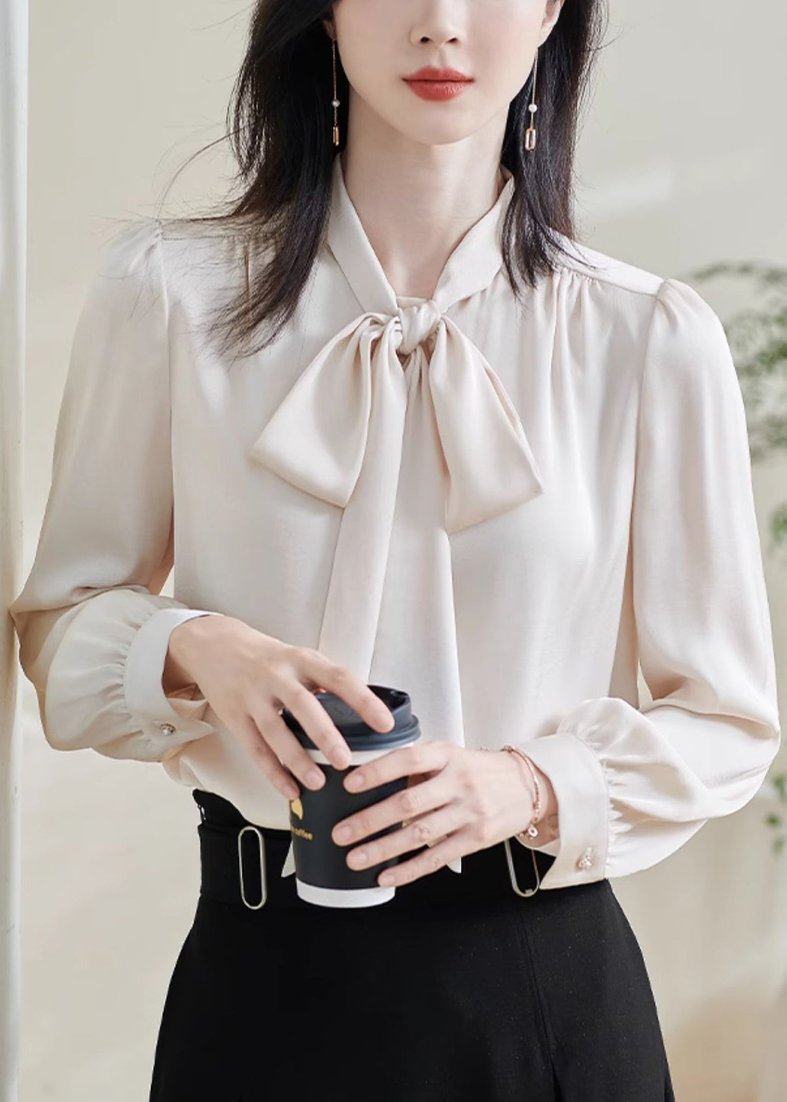 Stylish Apricot Bow Solid Silk Shirts