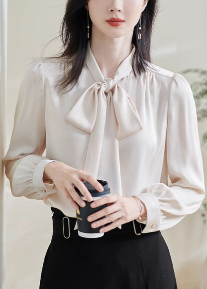 Stylish Apricot Bow Solid Silk Shirts
