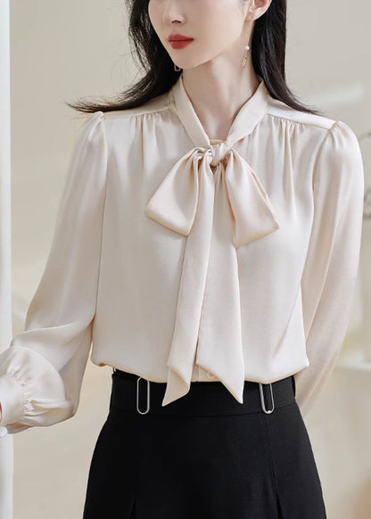 Stylish Apricot Bow Solid Silk Shirts