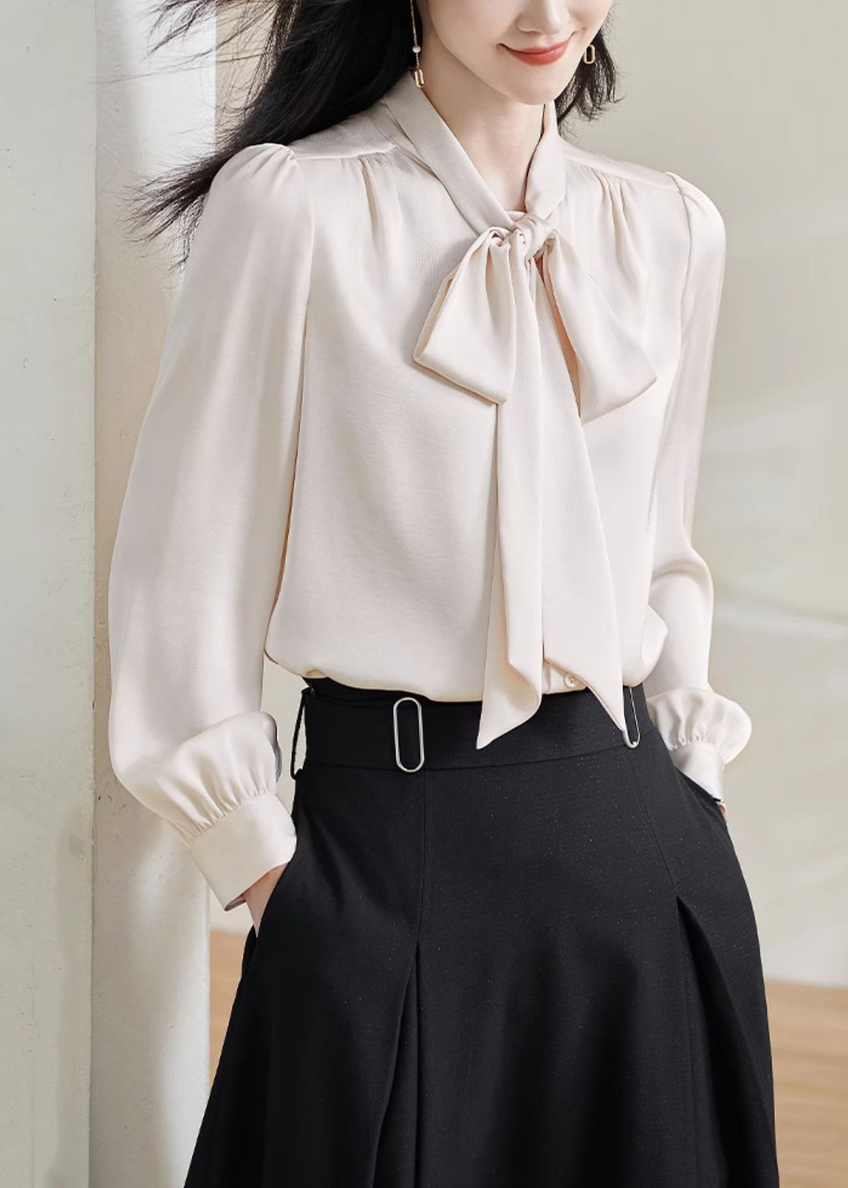 Stylish Apricot Bow Solid Silk Shirts