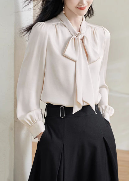 Stylish Apricot Bow Solid Silk Shirts