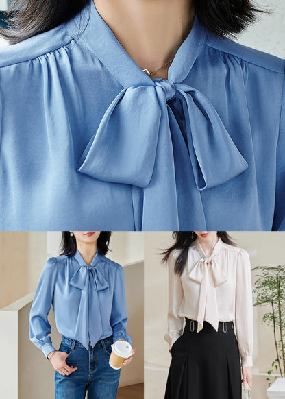 Stylish Apricot Bow Solid Silk Shirts