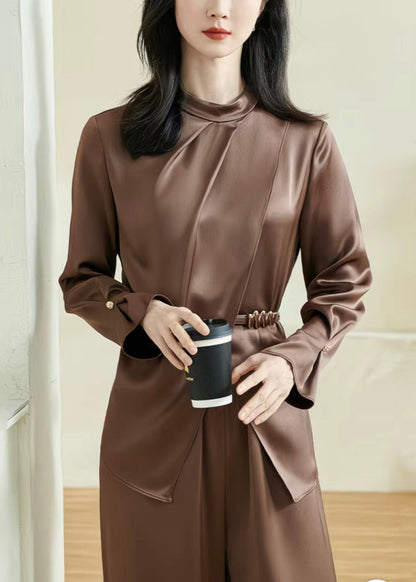 Stylish Coffee Asymmetrical Wrinkled Silk Shirts