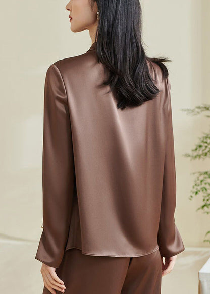 Stylish Coffee Asymmetrical Wrinkled Silk Shirts