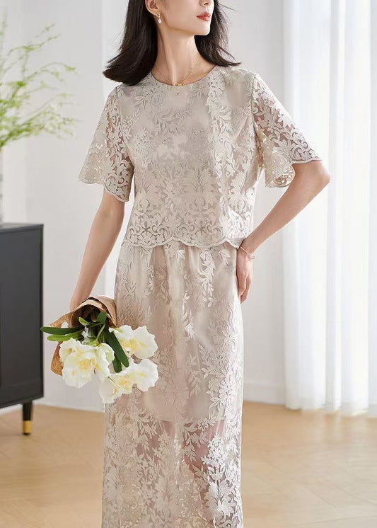 Stylish Grey O-Neck Hollow Out Lace Silk Two-Piece Set