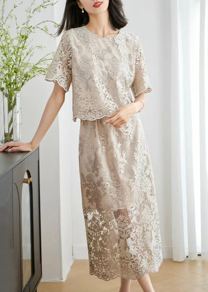 Stylish Grey O-Neck Hollow Out Lace Silk Two-Piece Set