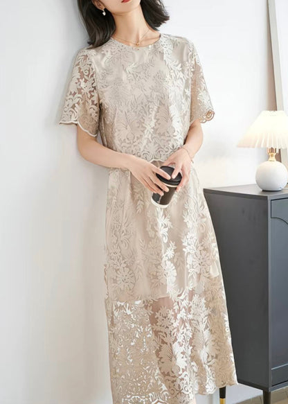 Stylish Grey O-Neck Hollow Out Lace Silk Two-Piece Set